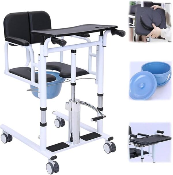Specifications: Product Type: Patient Hydraulic Lift Transfer Wheelchair with Commode Function: Transfer, lifting, and toileting aid for patient mobility assistance Lifting Mechanism: Hydraulic manual lift system for smooth height adjustment Height Adjustment Range: Typically 40–65 cm (varies by model) Frame Material: Heavy-duty steel or aluminum alloy (rust-resistant coating) Seat Type: Padded seat with removable commode bucket for hygiene and comfort Load Capacity: Up to 150–180 kg (330–400 lbs) Wheel Type: 360° swivel casters with rear brakes for stability and easy movement Armrests: Detachable or flip-back design for easy patient transfer Footrests: Adjustable and removable for convenience Commode Bucket: Detachable for easy cleaning and maintenance Usage: Suitable for home care, hospitals, nursing homes, and rehabilitation centers Additional Features: Waterproof and easy-to-clean materials Safety lock system for secure lifting Ergonomic handle for caregiver comfort