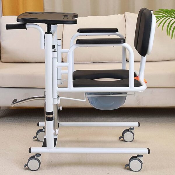 Specifications: Product Type: Patient Hydraulic Lift Transfer Wheelchair with Commode Function: Transfer, lifting, and toileting aid for patient mobility assistance Lifting Mechanism: Hydraulic manual lift system for smooth height adjustment Height Adjustment Range: Typically 40–65 cm (varies by model) Frame Material: Heavy-duty steel or aluminum alloy (rust-resistant coating) Seat Type: Padded seat with removable commode bucket for hygiene and comfort Load Capacity: Up to 150–180 kg (330–400 lbs) Wheel Type: 360° swivel casters with rear brakes for stability and easy movement Armrests: Detachable or flip-back design for easy patient transfer Footrests: Adjustable and removable for convenience Commode Bucket: Detachable for easy cleaning and maintenance Usage: Suitable for home care, hospitals, nursing homes, and rehabilitation centers Additional Features: Waterproof and easy-to-clean materials Safety lock system for secure lifting Ergonomic handle for caregiver comfort