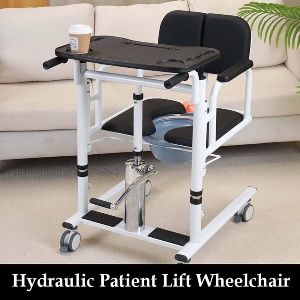 Specifications: Product Type: Patient Hydraulic Lift Transfer Wheelchair with Commode Function: Transfer, lifting, and toileting aid for patient mobility assistance Lifting Mechanism: Hydraulic manual lift system for smooth height adjustment Height Adjustment Range: Typically 40–65 cm (varies by model) Frame Material: Heavy-duty steel or aluminum alloy (rust-resistant coating) Seat Type: Padded seat with removable commode bucket for hygiene and comfort Load Capacity: Up to 150–180 kg (330–400 lbs) Wheel Type: 360° swivel casters with rear brakes for stability and easy movement Armrests: Detachable or flip-back design for easy patient transfer Footrests: Adjustable and removable for convenience Commode Bucket: Detachable for easy cleaning and maintenance Usage: Suitable for home care, hospitals, nursing homes, and rehabilitation centers Additional Features: Waterproof and easy-to-clean materials Safety lock system for secure lifting Ergonomic handle for caregiver comfort