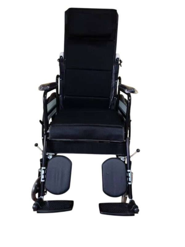 reclining manual wheelchair with several key features and specifications. Features: Reclining Backrest: The wheelchair has a high back that can be reclined, with some models offering a recline angle of up to 180 degrees. Headrest: A removable or adjustable headrest is included for additional support. Elevating Leg Rests: The leg rests can be elevated and are often detachable for easier transfers. Armrests: The armrests are typically flip-back or detachable, which can assist with getting in and out of the chair. Folding Design: Many models of this type are foldable for portability and easy storage. Brakes: The wheelchair is equipped with double brakes, often with both front and rear brakes for safety. Specifications (may vary by specific model): Frame Material: The frame is often made of lightweight materials like aluminum alloy or chromed steel. Wheels: It has large rear wheels (e.g., 21 inches) and smaller front casters (e.g., 7 inches). The tires are typically solid. Seat: The seat is made of breathable fabric and can have a width of 16 or 18 inches.