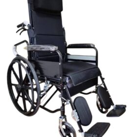 reclining manual wheelchair with several key features and specifications. Features: Reclining Backrest: The wheelchair has a high back that can be reclined, with some models offering a recline angle of up to 180 degrees. Headrest: A removable or adjustable headrest is included for additional support. Elevating Leg Rests: The leg rests can be elevated and are often detachable for easier transfers. Armrests: The armrests are typically flip-back or detachable, which can assist with getting in and out of the chair. Folding Design: Many models of this type are foldable for portability and easy storage. Brakes: The wheelchair is equipped with double brakes, often with both front and rear brakes for safety. Specifications (may vary by specific model): Frame Material: The frame is often made of lightweight materials like aluminum alloy or chromed steel. Wheels: It has large rear wheels (e.g., 21 inches) and smaller front casters (e.g., 7 inches). The tires are typically solid. Seat: The seat is made of breathable fabric and can have a width of 16 or 18 inches.
