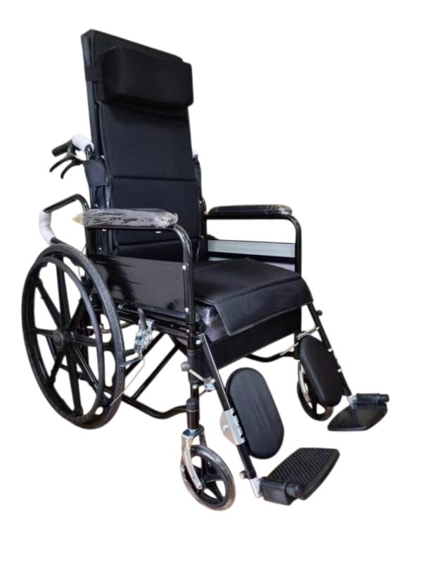reclining manual wheelchair with several key features and specifications. Features: Reclining Backrest: The wheelchair has a high back that can be reclined, with some models offering a recline angle of up to 180 degrees. Headrest: A removable or adjustable headrest is included for additional support. Elevating Leg Rests: The leg rests can be elevated and are often detachable for easier transfers. Armrests: The armrests are typically flip-back or detachable, which can assist with getting in and out of the chair. Folding Design: Many models of this type are foldable for portability and easy storage. Brakes: The wheelchair is equipped with double brakes, often with both front and rear brakes for safety. Specifications (may vary by specific model): Frame Material: The frame is often made of lightweight materials like aluminum alloy or chromed steel. Wheels: It has large rear wheels (e.g., 21 inches) and smaller front casters (e.g., 7 inches). The tires are typically solid. Seat: The seat is made of breathable fabric and can have a width of 16 or 18 inches.