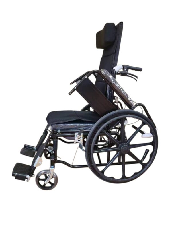 reclining manual wheelchair with several key features and specifications. Features: Reclining Backrest: The wheelchair has a high back that can be reclined, with some models offering a recline angle of up to 180 degrees. Headrest: A removable or adjustable headrest is included for additional support. Elevating Leg Rests: The leg rests can be elevated and are often detachable for easier transfers. Armrests: The armrests are typically flip-back or detachable, which can assist with getting in and out of the chair. Folding Design: Many models of this type are foldable for portability and easy storage. Brakes: The wheelchair is equipped with double brakes, often with both front and rear brakes for safety. Specifications (may vary by specific model): Frame Material: The frame is often made of lightweight materials like aluminum alloy or chromed steel. Wheels: It has large rear wheels (e.g., 21 inches) and smaller front casters (e.g., 7 inches). The tires are typically solid. Seat: The seat is made of breathable fabric and can have a width of 16 or 18 inches.