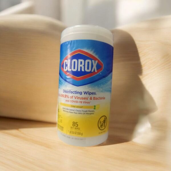 Clorox Disinfecting Wipes, Crisp Lemon scent. Specifications Product Type: All-purpose disinfecting wet wipes. Scent: Crisp Lemon. Quantity: 85 wipes per canister. Size: 1 lb 3.6 oz (556 g). Material: Non-Woven Fiber. Key Features: Triple-layered for enhanced cleaning power, bleach-free formula. Uses Disinfecting: Kills 99.9% of viruses and bacteria, including the COVID-19 virus. Cleaning: Cleans tough messes and removes more than 99% of allergens. Surfaces: Can be used on a variety of surfaces such as kitchen counters, bathroom surfaces, doorknobs, light switches, and even electronics. Environments: Suitable for use in homes, offices, schools, and other commercial facilities.