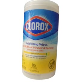 Clorox Disinfecting Wipes, Crisp Lemon scent. Specifications Product Type: All-purpose disinfecting wet wipes. Scent: Crisp Lemon. Quantity: 85 wipes per canister. Size: 1 lb 3.6 oz (556 g). Material: Non-Woven Fiber. Key Features: Triple-layered for enhanced cleaning power, bleach-free formula. Uses Disinfecting: Kills 99.9% of viruses and bacteria, including the COVID-19 virus. Cleaning: Cleans tough messes and removes more than 99% of allergens. Surfaces: Can be used on a variety of surfaces such as kitchen counters, bathroom surfaces, doorknobs, light switches, and even electronics. Environments: Suitable for use in homes, offices, schools, and other commercial facilities.