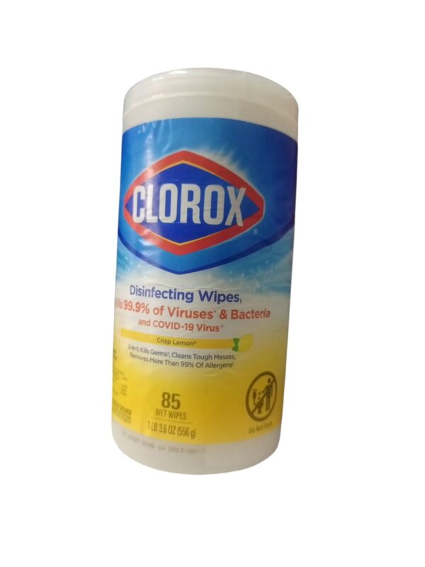 Clorox Disinfecting Wipes, Crisp Lemon scent. Specifications Product Type: All-purpose disinfecting wet wipes. Scent: Crisp Lemon. Quantity: 85 wipes per canister. Size: 1 lb 3.6 oz (556 g). Material: Non-Woven Fiber. Key Features: Triple-layered for enhanced cleaning power, bleach-free formula. Uses Disinfecting: Kills 99.9% of viruses and bacteria, including the COVID-19 virus. Cleaning: Cleans tough messes and removes more than 99% of allergens. Surfaces: Can be used on a variety of surfaces such as kitchen counters, bathroom surfaces, doorknobs, light switches, and even electronics. Environments: Suitable for use in homes, offices, schools, and other commercial facilities.