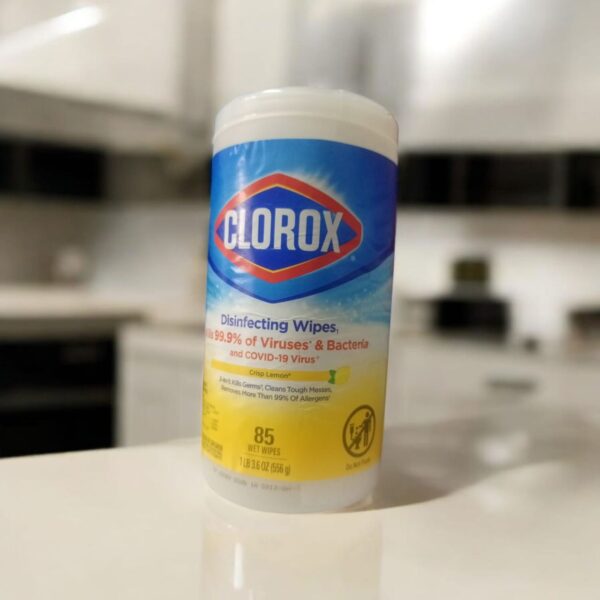 Clorox Disinfecting Wipes, Crisp Lemon scent. Specifications Product Type: All-purpose disinfecting wet wipes. Scent: Crisp Lemon. Quantity: 85 wipes per canister. Size: 1 lb 3.6 oz (556 g). Material: Non-Woven Fiber. Key Features: Triple-layered for enhanced cleaning power, bleach-free formula. Uses Disinfecting: Kills 99.9% of viruses and bacteria, including the COVID-19 virus. Cleaning: Cleans tough messes and removes more than 99% of allergens. Surfaces: Can be used on a variety of surfaces such as kitchen counters, bathroom surfaces, doorknobs, light switches, and even electronics. Environments: Suitable for use in homes, offices, schools, and other commercial facilities.