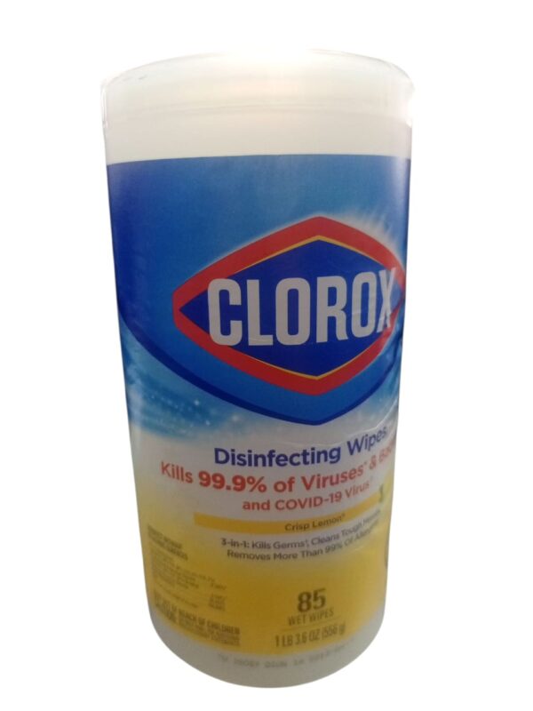 Clorox Disinfecting Wipes, Crisp Lemon scent. Specifications Product Type: All-purpose disinfecting wet wipes. Scent: Crisp Lemon. Quantity: 85 wipes per canister. Size: 1 lb 3.6 oz (556 g). Material: Non-Woven Fiber. Key Features: Triple-layered for enhanced cleaning power, bleach-free formula. Uses Disinfecting: Kills 99.9% of viruses and bacteria, including the COVID-19 virus. Cleaning: Cleans tough messes and removes more than 99% of allergens. Surfaces: Can be used on a variety of surfaces such as kitchen counters, bathroom surfaces, doorknobs, light switches, and even electronics. Environments: Suitable for use in homes, offices, schools, and other commercial facilities.
