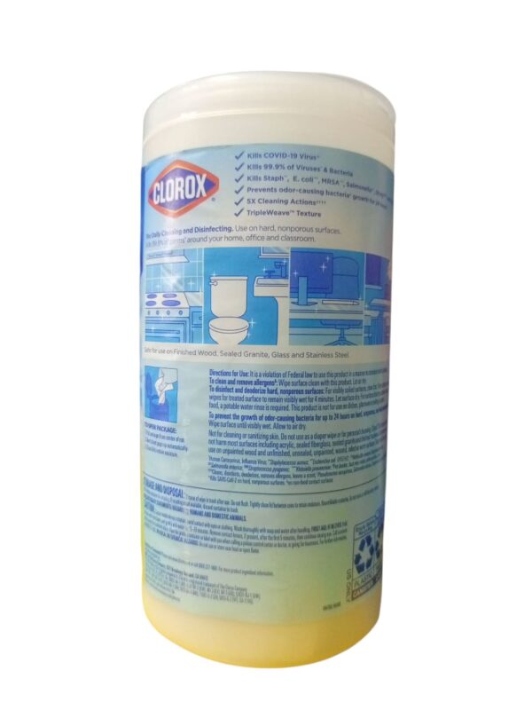 Clorox Disinfecting Wipes, Crisp Lemon scent. Specifications Product Type: All-purpose disinfecting wet wipes. Scent: Crisp Lemon. Quantity: 85 wipes per canister. Size: 1 lb 3.6 oz (556 g). Material: Non-Woven Fiber. Key Features: Triple-layered for enhanced cleaning power, bleach-free formula. Uses Disinfecting: Kills 99.9% of viruses and bacteria, including the COVID-19 virus. Cleaning: Cleans tough messes and removes more than 99% of allergens. Surfaces: Can be used on a variety of surfaces such as kitchen counters, bathroom surfaces, doorknobs, light switches, and even electronics. Environments: Suitable for use in homes, offices, schools, and other commercial facilities.