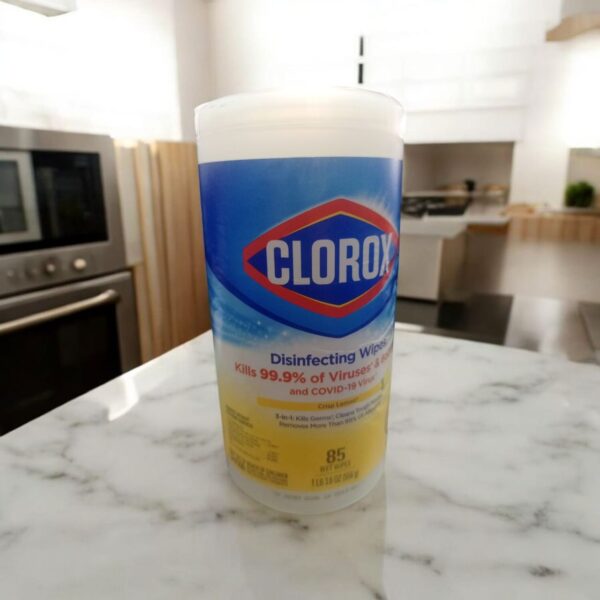 Clorox Disinfecting Wipes, Crisp Lemon scent. Specifications Product Type: All-purpose disinfecting wet wipes. Scent: Crisp Lemon. Quantity: 85 wipes per canister. Size: 1 lb 3.6 oz (556 g). Material: Non-Woven Fiber. Key Features: Triple-layered for enhanced cleaning power, bleach-free formula. Uses Disinfecting: Kills 99.9% of viruses and bacteria, including the COVID-19 virus. Cleaning: Cleans tough messes and removes more than 99% of allergens. Surfaces: Can be used on a variety of surfaces such as kitchen counters, bathroom surfaces, doorknobs, light switches, and even electronics. Environments: Suitable for use in homes, offices, schools, and other commercial facilities.