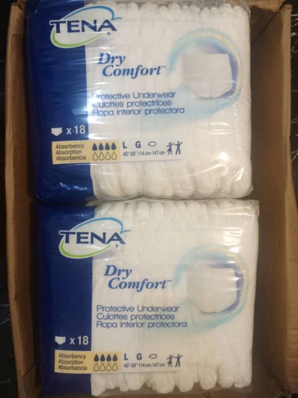 TENA Dry Comfort Protective Underwear, Large, 18 count. The specifications and features of this product are: Product: TENA Dry Comfort Protective Underwear Size: Large (L) Waist/Hip Size: 45"-58" (114 cm-147 cm) Count: 18 underwear per package Absorbency: Moderate to heavy protection Material: Soft, cloth-like, and breathable Design: Designed to feel and fit like regular underwear. Features soft waist elastics and gentle leg gathers for a secure and comfortable fit. Includes a target acquisition zone and DuoLock® Core Technology to lock away wetness and control odor. Tear-away sides allow for easy changes.
