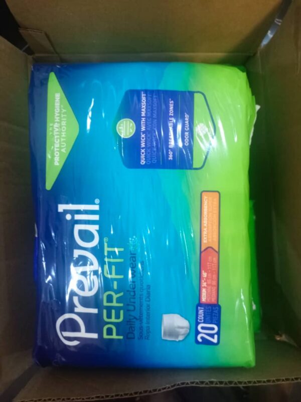 Prevail Per-Fit Daily Underwear, which is a type of disposable protective underwear for incontinence. Specifications: Size: Medium (M) Waist/Hip Size: 34 to 46 inches Count: 20 per package Absorbency: Extra Absorbency or Heavy Absorbency Manufacturer Part Number: PF-512 Gender: Unisex Features: QuickWick with MaxSoft Technology: Designed to rapidly pull liquid away from the skin and into the absorbent core. 360° Breathable Zones: Allows air to circulate around the garment to help keep the skin cool and dry. Odor Guard: Helps to minimize odors. Comfort-Shape Plus: Provides a secure and discreet fit. Easy-Lock Fastener Strips: Ensures a secure fit. Cloth-like backing: Provides a feel similar to traditional underwear.