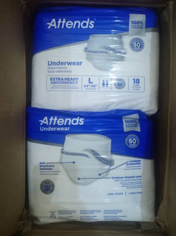 Product Name: Attends Underwear Absorbency: Extra Heavy Absorbency, designed for individuals with moderate to heavy incontinence. Size: Large (L), fitting waist sizes from 44 to 58 inches (112-147 cm). Count: 18 count per package. Design and Features: Worn like regular underwear for discretion and mobility. Features a comfortable, stretchable waistband and tear-away sides for easy removal. Made with a cloth-like, breathable material to promote skin wellness. Designed with a super absorbent core and leakage barriers to lock fluids away from the skin and prevent leaks. Includes odor-blocking properties. Uses: This product is intended for individuals who require protection for moderate to heavy bladder or fecal incontinence and prefer a product that offers mobility and discretion.