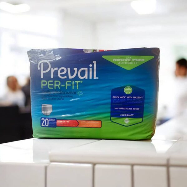 Prevail Per-Fit Daily Underwear, which is a type of disposable protective underwear for incontinence. Specifications: Size: Medium (M) Waist/Hip Size: 34 to 46 inches Count: 20 per package Absorbency: Extra Absorbency or Heavy Absorbency Manufacturer Part Number: PF-512 Gender: Unisex Features: QuickWick with MaxSoft Technology: Designed to rapidly pull liquid away from the skin and into the absorbent core. 360° Breathable Zones: Allows air to circulate around the garment to help keep the skin cool and dry. Odor Guard: Helps to minimize odors. Comfort-Shape Plus: Provides a secure and discreet fit. Easy-Lock Fastener Strips: Ensures a secure fit. Cloth-like backing: Provides a feel similar to traditional underwear.