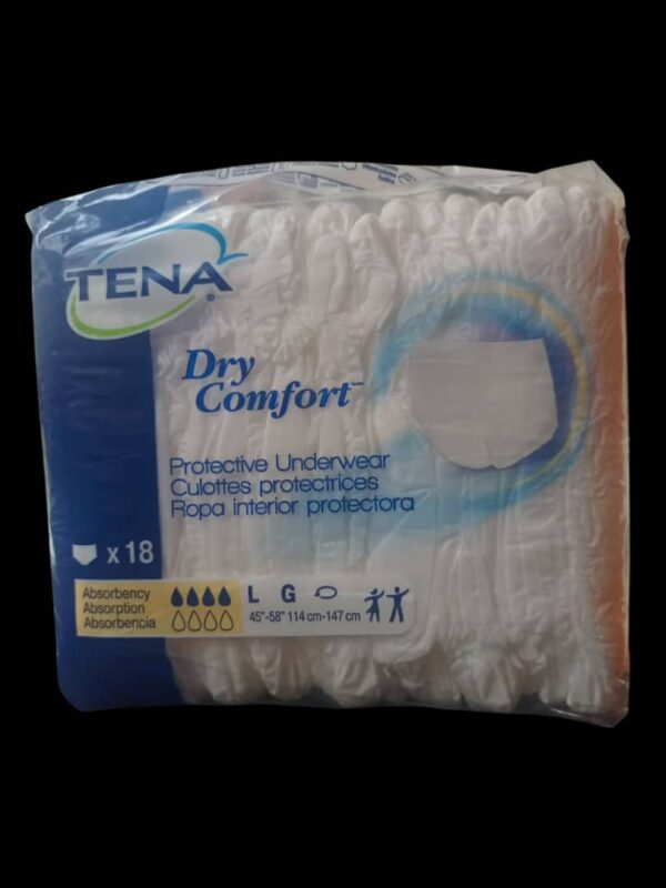 TENA Dry Comfort Protective Underwear, Large, 18 count. The specifications and features of this product are: Product: TENA Dry Comfort Protective Underwear Size: Large (L) Waist/Hip Size: 45"-58" (114 cm-147 cm) Count: 18 underwear per package Absorbency: Moderate to heavy protection Material: Soft, cloth-like, and breathable Design: Designed to feel and fit like regular underwear. Features soft waist elastics and gentle leg gathers for a secure and comfortable fit. Includes a target acquisition zone and DuoLock® Core Technology to lock away wetness and control odor. Tear-away sides allow for easy changes.