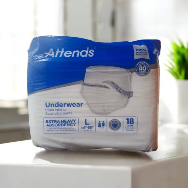 Product Name: Attends Underwear Absorbency: Extra Heavy Absorbency, designed for individuals with moderate to heavy incontinence. Size: Large (L), fitting waist sizes from 44 to 58 inches (112-147 cm). Count: 18 count per package. Design and Features: Worn like regular underwear for discretion and mobility. Features a comfortable, stretchable waistband and tear-away sides for easy removal. Made with a cloth-like, breathable material to promote skin wellness. Designed with a super absorbent core and leakage barriers to lock fluids away from the skin and prevent leaks. Includes odor-blocking properties. Uses: This product is intended for individuals who require protection for moderate to heavy bladder or fecal incontinence and prefer a product that offers mobility and discretion.