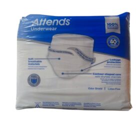 Product Name: Attends Underwear Absorbency: Extra Heavy Absorbency, designed for individuals with moderate to heavy incontinence. Size: Large (L), fitting waist sizes from 44 to 58 inches (112-147 cm). Count: 18 count per package. Design and Features: Worn like regular underwear for discretion and mobility. Features a comfortable, stretchable waistband and tear-away sides for easy removal. Made with a cloth-like, breathable material to promote skin wellness. Designed with a super absorbent core and leakage barriers to lock fluids away from the skin and prevent leaks. Includes odor-blocking properties. Uses: This product is intended for individuals who require protection for moderate to heavy bladder or fecal incontinence and prefer a product that offers mobility and discretion.