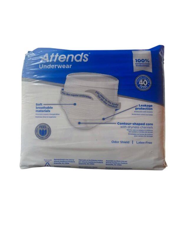Product Name: Attends Underwear Absorbency: Extra Heavy Absorbency, designed for individuals with moderate to heavy incontinence. Size: Large (L), fitting waist sizes from 44 to 58 inches (112-147 cm). Count: 18 count per package. Design and Features: Worn like regular underwear for discretion and mobility. Features a comfortable, stretchable waistband and tear-away sides for easy removal. Made with a cloth-like, breathable material to promote skin wellness. Designed with a super absorbent core and leakage barriers to lock fluids away from the skin and prevent leaks. Includes odor-blocking properties. Uses: This product is intended for individuals who require protection for moderate to heavy bladder or fecal incontinence and prefer a product that offers mobility and discretion.