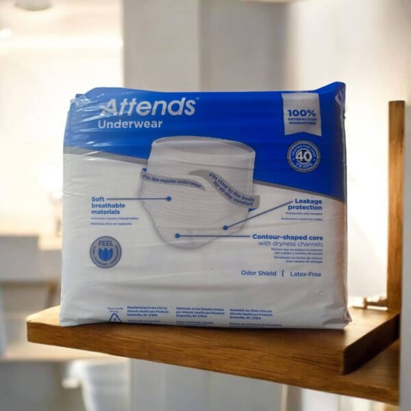 Product Name: Attends Underwear Absorbency: Extra Heavy Absorbency, designed for individuals with moderate to heavy incontinence. Size: Large (L), fitting waist sizes from 44 to 58 inches (112-147 cm). Count: 18 count per package. Design and Features: Worn like regular underwear for discretion and mobility. Features a comfortable, stretchable waistband and tear-away sides for easy removal. Made with a cloth-like, breathable material to promote skin wellness. Designed with a super absorbent core and leakage barriers to lock fluids away from the skin and prevent leaks. Includes odor-blocking properties. Uses: This product is intended for individuals who require protection for moderate to heavy bladder or fecal incontinence and prefer a product that offers mobility and discretion.