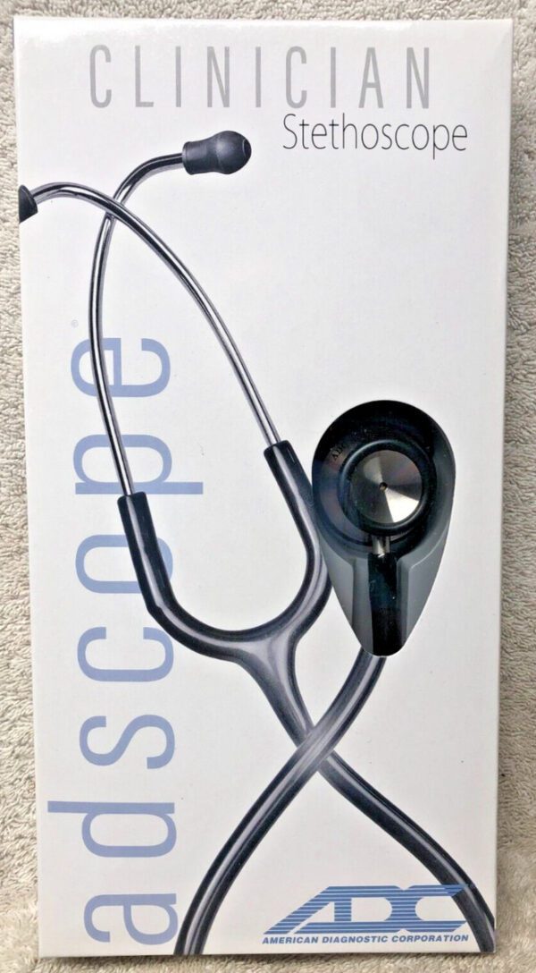 ADC Adscope Clinician Stethoscope. The specifications and features of this stethoscope include: Chestpiece: It features a combination dual-head chestpiece, typically made of surgical stainless steel. Some models, such as the Adscope 608, are convertible, allowing for both adult and pediatric diaphragm configurations. Acoustics: The stethoscope uses Adjustable Frequency Design (AFD) technology, which allows the user to hear low-frequency (bell-type) sounds with light pressure and high-frequency (diaphragm-type) sounds with firm pressure on the chestpiece. Comfort and Durability: The headset is designed for comfort and durability, with a reinforcing yoke and soft silicone eartips for a proper acoustic seal. The chestpiece has non-chill rims for patient comfort. Warranty: The stethoscope comes with a lifetime warranty that covers parts and free consumables like diaphragms and eartips upon registration.