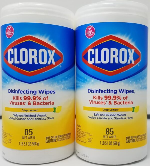 Clorox Disinfecting Wipes, Crisp Lemon scent. Specifications Quantity: The containers in the image hold 85 wet wipes each, with a total weight of 1 lb 5.1 oz (598 g). Other pack sizes may also be available. Scent: The wipes have a Crisp Lemon scent. Effectiveness: They are designed to kill 99.9% of viruses and bacteria, including the COVID-19 virus. They are also effective against common allergens, germs, and other messes. Safety: The wipes are bleach-free and can be used on a variety of hard, nonporous surfaces. Uses Clorox Disinfecting Wipes are an all-purpose cleaning product suitable for use in homes, offices, and other environments. They are effective for cleaning and disinfecting surfaces in kitchens and bathrooms. The wipes are safe to use on surfaces such as finished wood, sealed granite, and stainless steel. They can also be used to remove grease, grime, and soap scum. Safety Information Keep out of reach of children. Avoid contact with eyes or clothing. Do not use as a diaper wipe or for personal cleansing. Wash hands thoroughly with soap and water after handling. Do not use or store near heat or open flame.