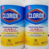 Clorox Disinfecting Wipes, Crisp Lemon scent. Specifications Product Type: All-purpose disinfecting wet wipes. Scent: Crisp Lemon. Quantity: 85 wipes per canister. Size: 1 lb 3.6 oz (556 g). Material: Non-Woven Fiber. Key Features: Triple-layered for enhanced cleaning power, bleach-free formula. Uses Disinfecting: Kills 99.9% of viruses and bacteria, including the COVID-19 virus. Cleaning: Cleans tough messes and removes more than 99% of allergens. Surfaces: Can be used on a variety of surfaces such as kitchen counters, bathroom surfaces, doorknobs, light switches, and even electronics. Environments: Suitable for use in homes, offices, schools, and other commercial facilities.