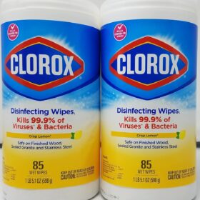 Clorox Disinfecting Wipes, Crisp Lemon scent. Specifications Product Type: All-purpose disinfecting wet wipes. Scent: Crisp Lemon. Quantity: 85 wipes per canister. Size: 1 lb 3.6 oz (556 g). Material: Non-Woven Fiber. Key Features: Triple-layered for enhanced cleaning power, bleach-free formula. Uses Disinfecting: Kills 99.9% of viruses and bacteria, including the COVID-19 virus. Cleaning: Cleans tough messes and removes more than 99% of allergens. Surfaces: Can be used on a variety of surfaces such as kitchen counters, bathroom surfaces, doorknobs, light switches, and even electronics. Environments: Suitable for use in homes, offices, schools, and other commercial facilities.