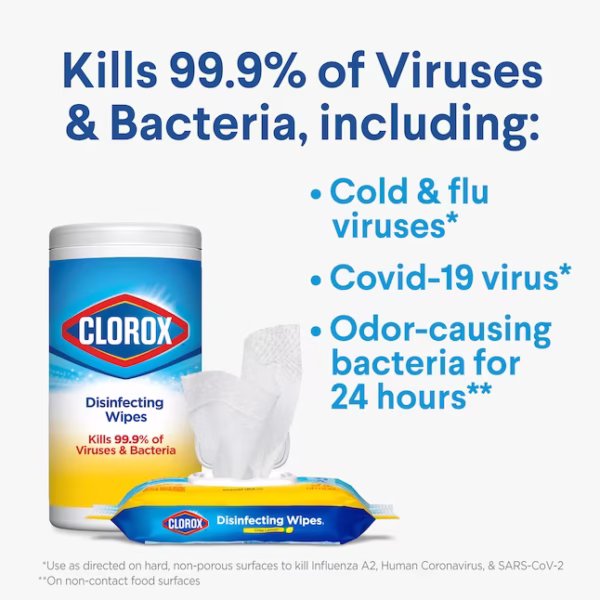 Clorox Disinfecting Wipes, Crisp Lemon scent. Specifications Product Type: All-purpose disinfecting wet wipes. Scent: Crisp Lemon. Quantity: 85 wipes per canister. Size: 1 lb 3.6 oz (556 g). Material: Non-Woven Fiber. Key Features: Triple-layered for enhanced cleaning power, bleach-free formula. Uses Disinfecting: Kills 99.9% of viruses and bacteria, including the COVID-19 virus. Cleaning: Cleans tough messes and removes more than 99% of allergens. Surfaces: Can be used on a variety of surfaces such as kitchen counters, bathroom surfaces, doorknobs, light switches, and even electronics. Environments: Suitable for use in homes, offices, schools, and other commercial facilities.
