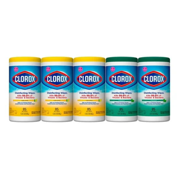 Clorox Disinfecting Wipes, Crisp Lemon scent. Specifications Quantity: The containers in the image hold 85 wet wipes each, with a total weight of 1 lb 5.1 oz (598 g). Other pack sizes may also be available. Scent: The wipes have a Crisp Lemon scent. Effectiveness: They are designed to kill 99.9% of viruses and bacteria, including the COVID-19 virus. They are also effective against common allergens, germs, and other messes. Safety: The wipes are bleach-free and can be used on a variety of hard, nonporous surfaces. Uses Clorox Disinfecting Wipes are an all-purpose cleaning product suitable for use in homes, offices, and other environments. They are effective for cleaning and disinfecting surfaces in kitchens and bathrooms. The wipes are safe to use on surfaces such as finished wood, sealed granite, and stainless steel. They can also be used to remove grease, grime, and soap scum. Safety Information Keep out of reach of children. Avoid contact with eyes or clothing. Do not use as a diaper wipe or for personal cleansing. Wash hands thoroughly with soap and water after handling. Do not use or store near heat or open flame.