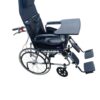 The wheelchair in the image is a high-back manual wheelchair, identified as a Wollex W213 or similar model, with several key features. Adjustable and Reclining Design: The wheelchair has a high backrest that can be reclined and a headrest for support. The footrests are also adjustable and can be raised. Removable Components: The armrests and footrests are detachable, which can make it easier for the user to transfer in and out of the chair. Tray: A removable tray is attached to the armrests, providing a surface for activities or meals. Braking System: The wheelchair includes a companion brake system, which allows an attendant to control the chair's speed and stop it. Durability and Portability: The frame is made of steel, and the wheelchair is foldable for easy storage and transportation.