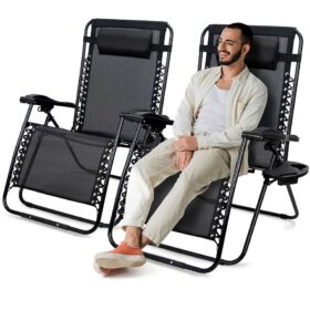Foldable Reclining Relaxer Chair with metal frame and Oxford fabric. Comfortable, lightweight, and easy to store. Includes headrest, armrests, and tray—ideal for home, camping, or outdoor lounging.