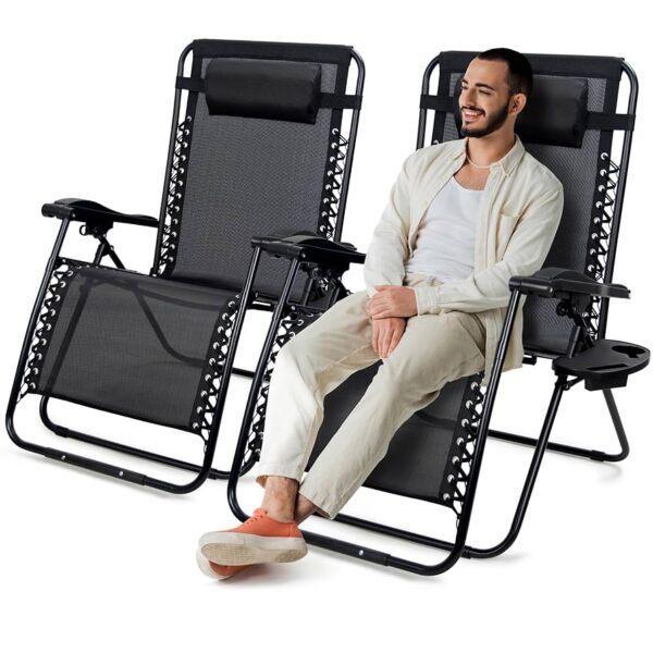 Foldable Reclining Relaxer Chair with metal frame and Oxford fabric. Comfortable, lightweight, and easy to store. Includes headrest, armrests, and tray—ideal for home, camping, or outdoor lounging.