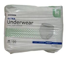 McKesson Ultra Underwear, which is a type of absorbent underwear designed for incontinence management. Specifications: Absorbency: Features advanced dual-core performance and a premium acquisition layer to rapidly absorb fluids and lock wetness away. Comfort: Made with a soft, cloth-like, breathable material and a comfort-stretch waist for a discreet and comfortable fit. Leak Protection: Includes inner leg cuffs to help prevent leaks. Odor Control: Provides premium odor control to prevent odors from forming. Design: Designed to pull on and off like regular underwear, with tear-away sides for easy removal. Uses: Incontinence Management: Primarily used for managing urinary incontinence. Postpartum Recovery: Can be used by new mothers experiencing bladder leaks during recovery. Active Lifestyle: Suitable for active individuals who prefer a pull-on style that offers mobility and discretion.
