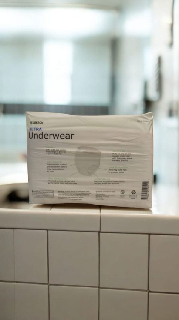 McKesson Ultra Underwear, which is a type of absorbent underwear designed for incontinence management. Specifications: Absorbency: Features advanced dual-core performance and a premium acquisition layer to rapidly absorb fluids and lock wetness away. Comfort: Made with a soft, cloth-like, breathable material and a comfort-stretch waist for a discreet and comfortable fit. Leak Protection: Includes inner leg cuffs to help prevent leaks. Odor Control: Provides premium odor control to prevent odors from forming. Design: Designed to pull on and off like regular underwear, with tear-away sides for easy removal. Uses: Incontinence Management: Primarily used for managing urinary incontinence. Postpartum Recovery: Can be used by new mothers experiencing bladder leaks during recovery. Active Lifestyle: Suitable for active individuals who prefer a pull-on style that offers mobility and discretion.