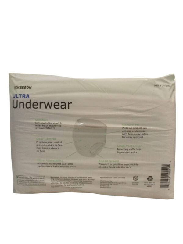 McKesson Ultra Underwear, which is a type of absorbent underwear designed for incontinence management. Specifications: Absorbency: Features advanced dual-core performance and a premium acquisition layer to rapidly absorb fluids and lock wetness away. Comfort: Made with a soft, cloth-like, breathable material and a comfort-stretch waist for a discreet and comfortable fit. Leak Protection: Includes inner leg cuffs to help prevent leaks. Odor Control: Provides premium odor control to prevent odors from forming. Design: Designed to pull on and off like regular underwear, with tear-away sides for easy removal. Uses: Incontinence Management: Primarily used for managing urinary incontinence. Postpartum Recovery: Can be used by new mothers experiencing bladder leaks during recovery. Active Lifestyle: Suitable for active individuals who prefer a pull-on style that offers mobility and discretion.