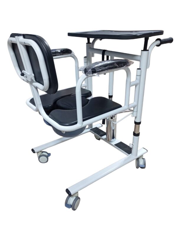 patient lift transfer chair, also known as a patient transfer wheelchair. It is a multi-functional device designed to assist in the transfer of individuals with mobility limitations, such as the elderly or disabled. Features Adjustable Design: The chair often has adjustable height and sometimes width to accommodate different users and transfer scenarios. Multi-functional: It can serve as a patient lift, transport wheelchair, bedside commode chair, and shower chair. Safety Mechanisms: Features include quiet front and rear casters with locking mechanisms, 360-degree movable rollers, and secure buckles or restraints to prevent falls. Durable and Portable: The chair is typically made from durable materials like alloy steel and is designed to be lightweight for easy handling and transport. Split Seat: The seat is often split to allow for easy placement and removal without having to lift the user completely. Uses Patient Transfers: The primary use is to safely and efficiently move individuals between a bed, wheelchair, toilet, shower, or car. Home Care and Medical Facilities: It is ideal for daily use in home care settings, hospitals, and nursing homes. Assisting Daily Living Activities: The chair facilitates activities such as bathing and toileting, promoting independence for the user. Benefits Reduces Strain: The design minimizes the physical strain on both the caregiver and the patient during transfers. Promotes Independence: It allows users to participate in daily activities with greater ease and dignity. Versatility: The multi-functional nature of the chair reduces the need for multiple pieces of equipment. Enhanced Safety: Locking mechanisms and secure restraints help prevent accidents and injuries.