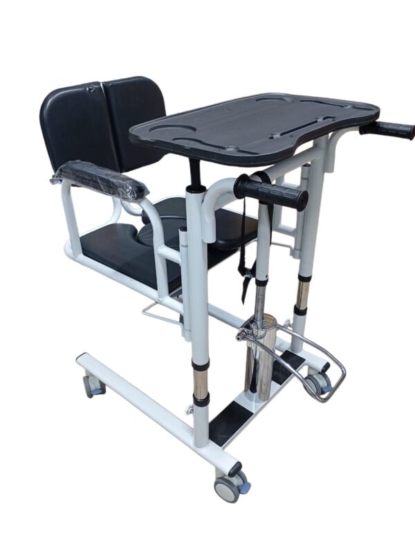 patient lift transfer chair, also known as a patient transfer wheelchair. It is a multi-functional device designed to assist in the transfer of individuals with mobility limitations, such as the elderly or disabled. Features Adjustable Design: The chair often has adjustable height and sometimes width to accommodate different users and transfer scenarios. Multi-functional: It can serve as a patient lift, transport wheelchair, bedside commode chair, and shower chair. Safety Mechanisms: Features include quiet front and rear casters with locking mechanisms, 360-degree movable rollers, and secure buckles or restraints to prevent falls. Durable and Portable: The chair is typically made from durable materials like alloy steel and is designed to be lightweight for easy handling and transport. Split Seat: The seat is often split to allow for easy placement and removal without having to lift the user completely. Uses Patient Transfers: The primary use is to safely and efficiently move individuals between a bed, wheelchair, toilet, shower, or car. Home Care and Medical Facilities: It is ideal for daily use in home care settings, hospitals, and nursing homes. Assisting Daily Living Activities: The chair facilitates activities such as bathing and toileting, promoting independence for the user. Benefits Reduces Strain: The design minimizes the physical strain on both the caregiver and the patient during transfers. Promotes Independence: It allows users to participate in daily activities with greater ease and dignity. Versatility: The multi-functional nature of the chair reduces the need for multiple pieces of equipment. Enhanced Safety: Locking mechanisms and secure restraints help prevent accidents and injuries.