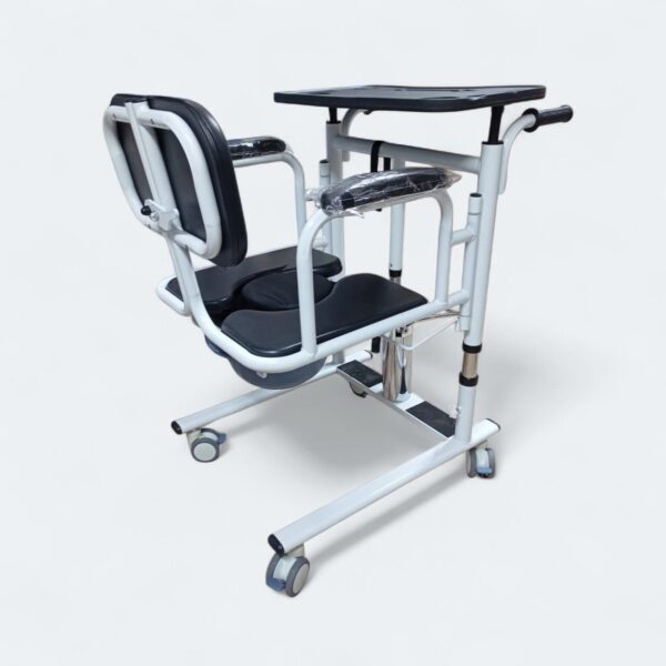 patient lift transfer chair, also known as a patient transfer wheelchair. It is a multi-functional device designed to assist in the transfer of individuals with mobility limitations, such as the elderly or disabled. Features Adjustable Design: The chair often has adjustable height and sometimes width to accommodate different users and transfer scenarios. Multi-functional: It can serve as a patient lift, transport wheelchair, bedside commode chair, and shower chair. Safety Mechanisms: Features include quiet front and rear casters with locking mechanisms, 360-degree movable rollers, and secure buckles or restraints to prevent falls. Durable and Portable: The chair is typically made from durable materials like alloy steel and is designed to be lightweight for easy handling and transport. Split Seat: The seat is often split to allow for easy placement and removal without having to lift the user completely. Uses Patient Transfers: The primary use is to safely and efficiently move individuals between a bed, wheelchair, toilet, shower, or car. Home Care and Medical Facilities: It is ideal for daily use in home care settings, hospitals, and nursing homes. Assisting Daily Living Activities: The chair facilitates activities such as bathing and toileting, promoting independence for the user. Benefits Reduces Strain: The design minimizes the physical strain on both the caregiver and the patient during transfers. Promotes Independence: It allows users to participate in daily activities with greater ease and dignity. Versatility: The multi-functional nature of the chair reduces the need for multiple pieces of equipment. Enhanced Safety: Locking mechanisms and secure restraints help prevent accidents and injuries.