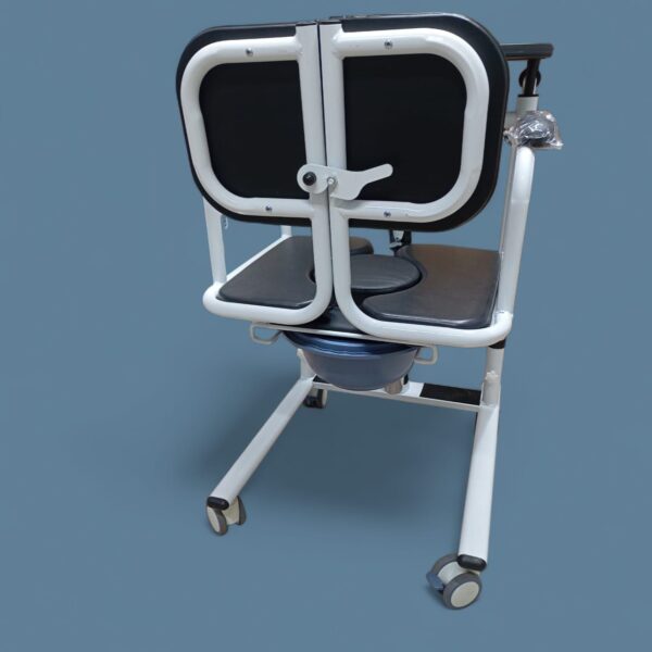 patient lift transfer chair, also known as a patient transfer wheelchair. It is a multi-functional device designed to assist in the transfer of individuals with mobility limitations, such as the elderly or disabled. Features Adjustable Design: The chair often has adjustable height and sometimes width to accommodate different users and transfer scenarios. Multi-functional: It can serve as a patient lift, transport wheelchair, bedside commode chair, and shower chair. Safety Mechanisms: Features include quiet front and rear casters with locking mechanisms, 360-degree movable rollers, and secure buckles or restraints to prevent falls. Durable and Portable: The chair is typically made from durable materials like alloy steel and is designed to be lightweight for easy handling and transport. Split Seat: The seat is often split to allow for easy placement and removal without having to lift the user completely. Uses Patient Transfers: The primary use is to safely and efficiently move individuals between a bed, wheelchair, toilet, shower, or car. Home Care and Medical Facilities: It is ideal for daily use in home care settings, hospitals, and nursing homes. Assisting Daily Living Activities: The chair facilitates activities such as bathing and toileting, promoting independence for the user. Benefits Reduces Strain: The design minimizes the physical strain on both the caregiver and the patient during transfers. Promotes Independence: It allows users to participate in daily activities with greater ease and dignity. Versatility: The multi-functional nature of the chair reduces the need for multiple pieces of equipment. Enhanced Safety: Locking mechanisms and secure restraints help prevent accidents and injuries.