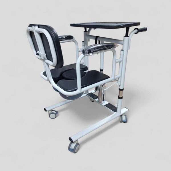 patient lift transfer chair, also known as a patient transfer wheelchair. It is a multi-functional device designed to assist in the transfer of individuals with mobility limitations, such as the elderly or disabled. Features Adjustable Design: The chair often has adjustable height and sometimes width to accommodate different users and transfer scenarios. Multi-functional: It can serve as a patient lift, transport wheelchair, bedside commode chair, and shower chair. Safety Mechanisms: Features include quiet front and rear casters with locking mechanisms, 360-degree movable rollers, and secure buckles or restraints to prevent falls. Durable and Portable: The chair is typically made from durable materials like alloy steel and is designed to be lightweight for easy handling and transport. Split Seat: The seat is often split to allow for easy placement and removal without having to lift the user completely. Uses Patient Transfers: The primary use is to safely and efficiently move individuals between a bed, wheelchair, toilet, shower, or car. Home Care and Medical Facilities: It is ideal for daily use in home care settings, hospitals, and nursing homes. Assisting Daily Living Activities: The chair facilitates activities such as bathing and toileting, promoting independence for the user. Benefits Reduces Strain: The design minimizes the physical strain on both the caregiver and the patient during transfers. Promotes Independence: It allows users to participate in daily activities with greater ease and dignity. Versatility: The multi-functional nature of the chair reduces the need for multiple pieces of equipment. Enhanced Safety: Locking mechanisms and secure restraints help prevent accidents and injuries.