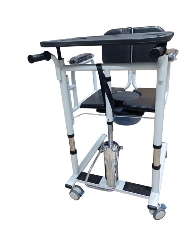 patient lift transfer chair, also known as a patient transfer wheelchair. It is a multi-functional device designed to assist in the transfer of individuals with mobility limitations, such as the elderly or disabled. Features Adjustable Design: The chair often has adjustable height and sometimes width to accommodate different users and transfer scenarios. Multi-functional: It can serve as a patient lift, transport wheelchair, bedside commode chair, and shower chair. Safety Mechanisms: Features include quiet front and rear casters with locking mechanisms, 360-degree movable rollers, and secure buckles or restraints to prevent falls. Durable and Portable: The chair is typically made from durable materials like alloy steel and is designed to be lightweight for easy handling and transport. Split Seat: The seat is often split to allow for easy placement and removal without having to lift the user completely. Uses Patient Transfers: The primary use is to safely and efficiently move individuals between a bed, wheelchair, toilet, shower, or car. Home Care and Medical Facilities: It is ideal for daily use in home care settings, hospitals, and nursing homes. Assisting Daily Living Activities: The chair facilitates activities such as bathing and toileting, promoting independence for the user. Benefits Reduces Strain: The design minimizes the physical strain on both the caregiver and the patient during transfers. Promotes Independence: It allows users to participate in daily activities with greater ease and dignity. Versatility: The multi-functional nature of the chair reduces the need for multiple pieces of equipment. Enhanced Safety: Locking mechanisms and secure restraints help prevent accidents and injuries.