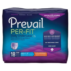 Prevail Per-Fit Women's Protective Underwear, designed for incontinence management. Specifications Product Type: Protective underwear for women, designed to look and feel like regular underwear. Size: Large, fitting waist sizes from 44 to 58 inches (112 to 147 cm). Count: 18 pieces per package. Absorbency: Extra Absorbency. Key Features: QuickWick with MaxSoft: A system that quickly wicks wetness away from the skin. 360° Breathable Zones: Allows air to circulate around the underwear to help prevent heat and moisture buildup. Odor Guard: Helps to prevent odors before they start. Dri-Fit: Helps to keep skin dry and healthy by reducing friction. Comfort-Shape: Gentle elastics that contour to the body for a more natural and discreet fit. Uses This product is used for incontinence management, specifically for women who experience frequent leaks and sudden urges. It is suitable for individuals with moderate to heavy bladder or bowel leakage. The design aims to provide protection, comfort, and discretion for the user.