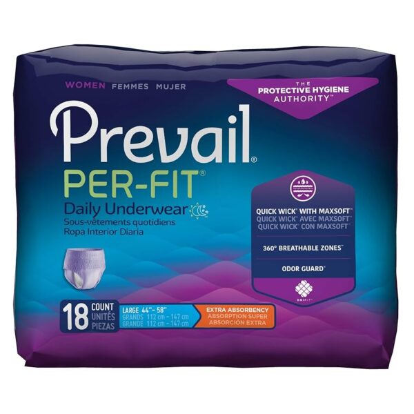 Prevail Per-Fit Women's Protective Underwear, designed for incontinence management. Specifications Product Type: Protective underwear for women, designed to look and feel like regular underwear. Size: Large, fitting waist sizes from 44 to 58 inches (112 to 147 cm). Count: 18 pieces per package. Absorbency: Extra Absorbency. Key Features: QuickWick with MaxSoft: A system that quickly wicks wetness away from the skin. 360° Breathable Zones: Allows air to circulate around the underwear to help prevent heat and moisture buildup. Odor Guard: Helps to prevent odors before they start. Dri-Fit: Helps to keep skin dry and healthy by reducing friction. Comfort-Shape: Gentle elastics that contour to the body for a more natural and discreet fit. Uses This product is used for incontinence management, specifically for women who experience frequent leaks and sudden urges. It is suitable for individuals with moderate to heavy bladder or bowel leakage. The design aims to provide protection, comfort, and discretion for the user.