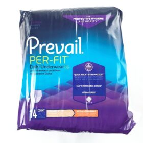 Prevail Per-Fit Daily Underwear for women, which is a type of protective underwear used for managing moderate to heavy incontinence. It is designed to provide comfort, absorbency, and discretion, with the feel of regular underwear. Key features of this product include: Quick Wick with MaxSoft™: This technology quickly pulls moisture away from the skin to help keep the user feeling dry. 360° Breathable Zones™: These zones allow air to circulate, which helps to reduce heat buildup and promote skin health. Odor Guard®: This feature helps to prevent odors before they start. Extra Absorbency: The product is designed with a discreet, highly-absorbent core to handle frequent and sudden leaks. Comfort-Shape Plus: Gentle elastics conform to the body for a more comfortable and discreet fit.