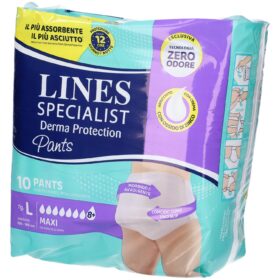 Lines Specialist Derma Protection Pants, which are absorbent aids for adult urinary incontinence. Specifications Size: Large (L), for waist sizes 100-140 cm. Quantity: 10 pants per package. Protection: Provides up to 12 hours of protection, suitable for day and night use. Features: Zero Odor Technology: A patented triple-action system designed to intercept, block, and neutralize odors. Derma Protection: Enriched with zinc oxide cream to help protect and soothe the skin, preventing irritation by creating a barrier between the skin and moisture. Hypoallergenic: Respects the natural balance of the skin. Comfort: Soft and enveloping fit, designed to be as comfortable as regular underwear. Absorption: Features a special absorbent channel for fast liquid absorption, distributing it better to prevent spills and keep the skin dry. Uses These pants are designed for individuals with medium to severe urinary incontinence. They are suitable for both men and women.