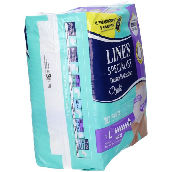 Lines Specialist Derma Protection Pants, which are absorbent aids for adult urinary incontinence. Specifications Size: Large (L), for waist sizes 100-140 cm. Quantity: 10 pants per package. Protection: Provides up to 12 hours of protection, suitable for day and night use. Features: Zero Odor Technology: A patented triple-action system designed to intercept, block, and neutralize odors. Derma Protection: Enriched with zinc oxide cream to help protect and soothe the skin, preventing irritation by creating a barrier between the skin and moisture. Hypoallergenic: Respects the natural balance of the skin. Comfort: Soft and enveloping fit, designed to be as comfortable as regular underwear. Absorption: Features a special absorbent channel for fast liquid absorption, distributing it better to prevent spills and keep the skin dry. Uses These pants are designed for individuals with medium to severe urinary incontinence. They are suitable for both men and women.