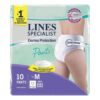 Lines Specialist Derma Protection Pants, which are absorbent pull-up style underwear designed for adults with urinary incontinence. Specifications: Product Type: Absorbent pull-up pants for adults. Intended Use: For medium to very severe urinary incontinence. Size: Medium (M), for a waist circumference of 70-110 cm. Quantity: 10 pants per package. Key Features: Derma Protection: Enriched with a cream containing zinc oxide to help keep skin dry and healthy, and to prevent irritation. Odor Control: Features a "Zero Odore" core that neutralizes bad odors. Fit: Designed with a soft, elastic waistband and side barriers for a secure, comfortable fit that adapts to body movements and helps prevent leaks. Hypoallergenic: The product is hypoallergenic and dermatologically tested. Absorbency Level: The "Maxi" label indicates a high level of absorbency.