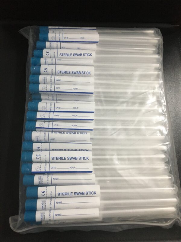 sterile swab sticks, which are medical devices used for specimen collection and other medical procedures. Based on common specifications and uses for this type of product, here is a breakdown: Specifications Material: Swab sticks are typically made with a stick (shaft) of wood, polystyrene, or polypropylene, and a tip made of absorbent cotton, polyester fiber, or nylon flocking. The "CE" marking on the packaging indicates that the product complies with European standards for health and safety. Sterilization: The swabs are sterilized, often using methods like ethylene oxide (EtO) or gamma irradiation, to ensure they are free of microbial contamination. Design: They are designed for medical uses, with a firm grip and a soft, hypoallergenic tip to be gentle on sensitive areas. Some are specialized for specific uses, such as nasopharyngeal or oral sampling. Uses Specimen Collection: A primary use is for collecting samples for diagnostic tests, such as those for infections or diseases. This includes collecting samples from the oral cavity, upper respiratory tract, or female reproductive tract. Wound Care: They can be used by medical staff for general wound care and cleaning. Surface Testing: Sterile swabs are also used to test surfaces in various environments, such as hospitals and kitchens, for microbial contamination. General Application: They assist in the preparation and application of various medical procedures and can be used for prepping, mixing, and general cleaning.