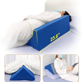 The wedge pillow shown is a body positioning pillow, often made of foam, with a 30-degree incline. It is designed to provide support and elevation for various body parts. Specifications Design: The pillow has a triangular or "R" shape with a gradual slope, typically at a 30-degree angle. Material: It is made of supportive foam that holds its shape over time. The cover is often made of polyester or cotton and is removable and washable. Configuration: The product often comes as a set of two pillows of different sizes, which can be used interchangeably or together for different body parts. Uses The wedge pillow is used to provide support and improve body positioning for various individuals and conditions. For medical conditions and recovery: Post-surgery recovery, particularly for elevating legs, arms, and shoulders to reduce swelling. Assisting bedridden patients with changing posture and preventing bedsores. Improving blood circulation in the legs and improving respiratory issues. Alleviating back pain by reducing pressure on the spinal cord. For sleeping and comfort: Providing support for pregnant women, especially for the belly. Offering stability and elevation for side sleepers. As a reading or sitting pillow to provide a comfortable, upright position in bed.