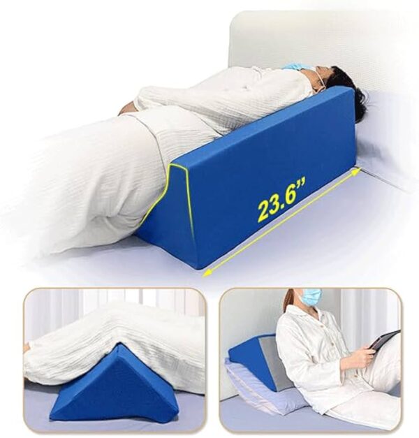 The wedge pillow shown is a body positioning pillow, often made of foam, with a 30-degree incline. It is designed to provide support and elevation for various body parts. Specifications Design: The pillow has a triangular or "R" shape with a gradual slope, typically at a 30-degree angle. Material: It is made of supportive foam that holds its shape over time. The cover is often made of polyester or cotton and is removable and washable. Configuration: The product often comes as a set of two pillows of different sizes, which can be used interchangeably or together for different body parts. Uses The wedge pillow is used to provide support and improve body positioning for various individuals and conditions. For medical conditions and recovery: Post-surgery recovery, particularly for elevating legs, arms, and shoulders to reduce swelling. Assisting bedridden patients with changing posture and preventing bedsores. Improving blood circulation in the legs and improving respiratory issues. Alleviating back pain by reducing pressure on the spinal cord. For sleeping and comfort: Providing support for pregnant women, especially for the belly. Offering stability and elevation for side sleepers. As a reading or sitting pillow to provide a comfortable, upright position in bed.
